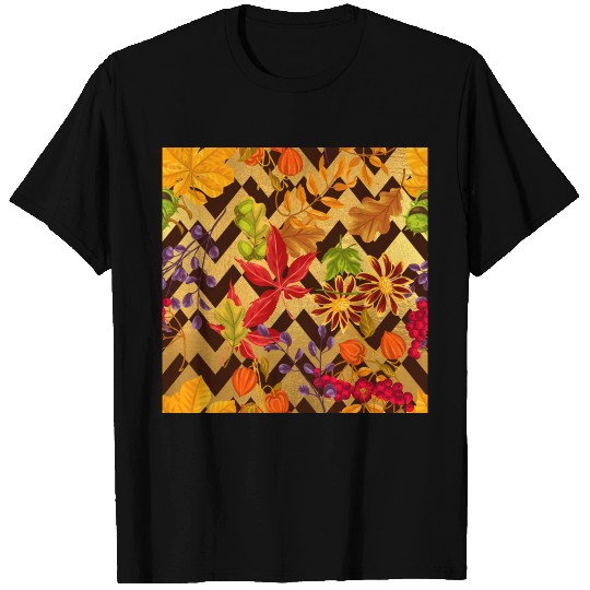 Gold And Black Chevron Fall Leaves Patterned T-shirt