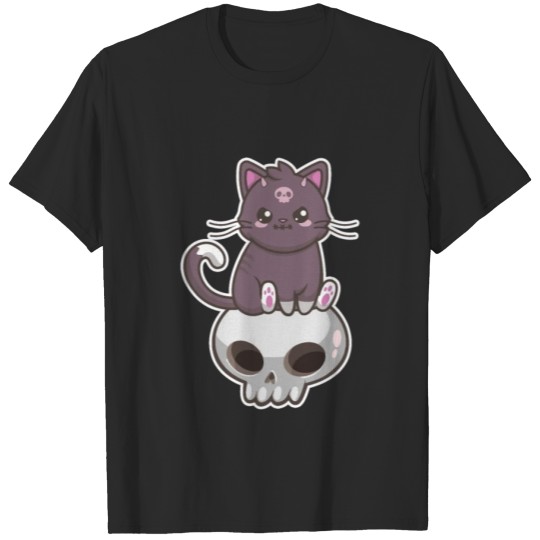 Discover Kawaii Evil Kitty on a Skull T-shirt