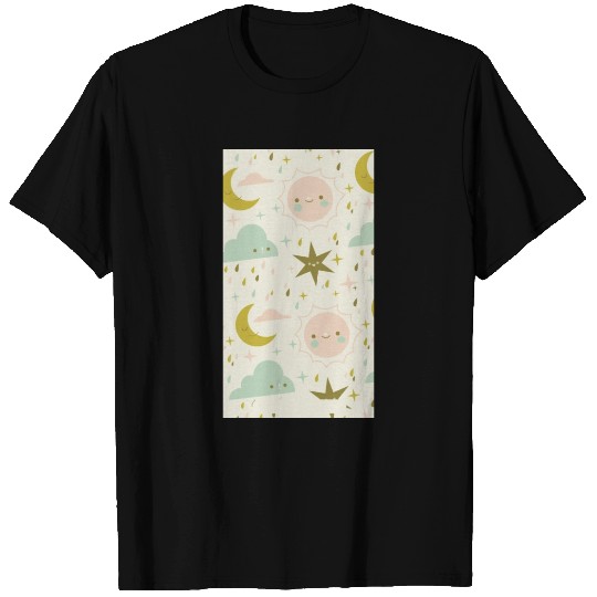 Sun Moon Sky Cloud Rain Pattern Design T-shirt