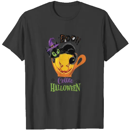 Boo Black Cat, Scary Pumpkin Coffee Halloween T-shirt