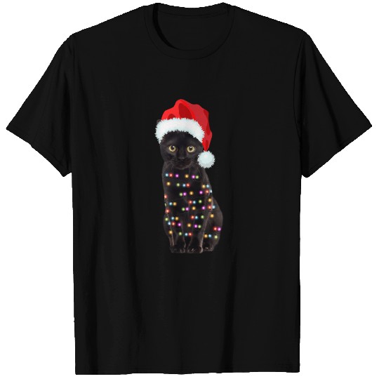 Black Cat Christmas Light Funny Cat Lover Xmas T-shirt