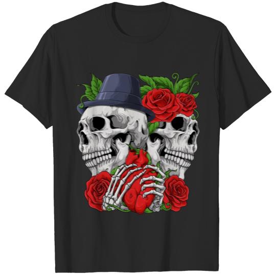 Discover The Lovers Gothic Skulls Love Rose Heart Skeletons T-shirt