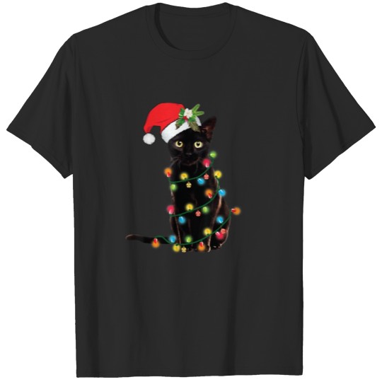 Discover Black Cat Wearing Santa Hat Christmas Tree Lights T-shirt