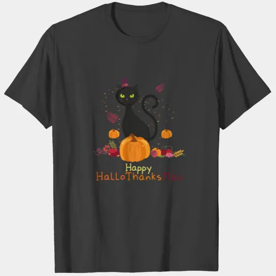 Black Cat Halloween And Merry Christmas T-shirt