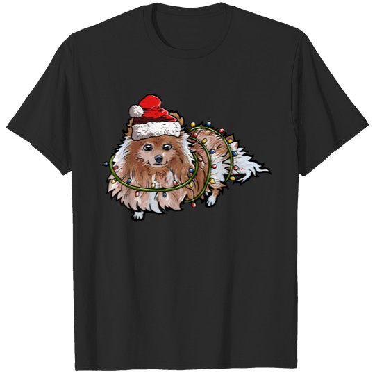 Cute Pomeranian Santa Christmas Tree Lights Xmas T-shirt
