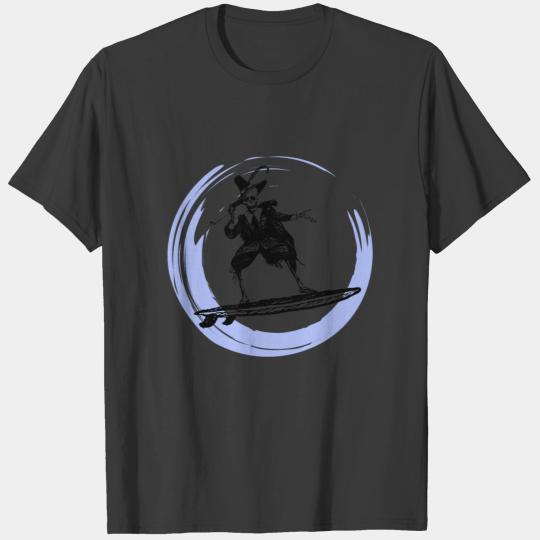 surfing skeleton, funny skeleton surfer, blue wave T-shirt