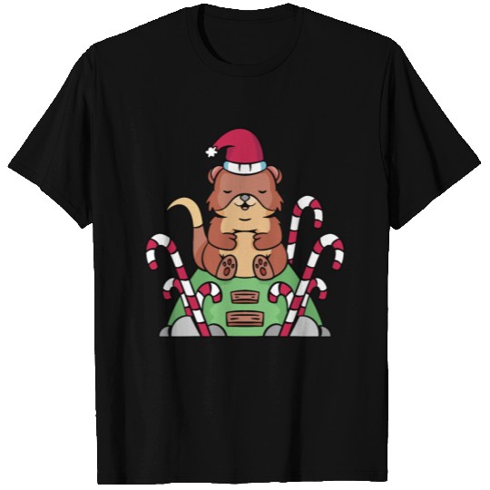 Christmas cute otter with mint sticks T-shirt