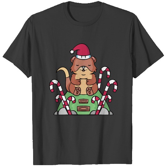 Christmas cute otter with mint sticks T-shirt