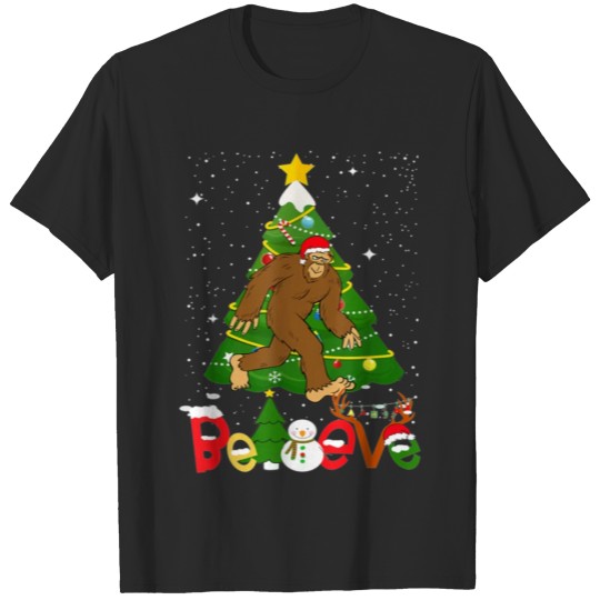 Discover Believe Bigfoot Christmas Santa Tree T-shirt