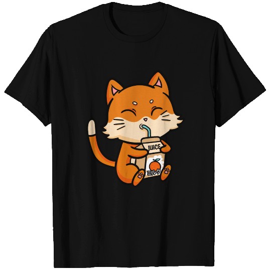 Cat Drinking Orange Juice Anime Manga T-shirt