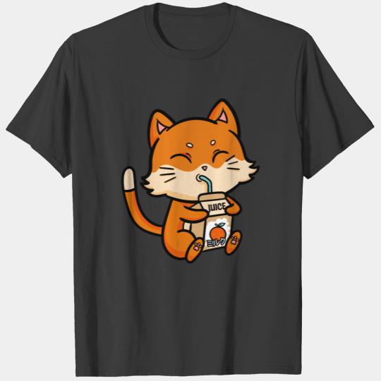 Cat Drinking Orange Juice Anime Manga T-shirt