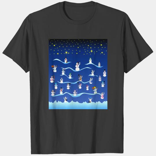 Snowmen And Women On Blue Snow Winter Design T-shirt