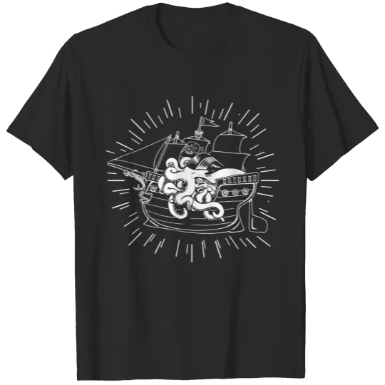 Discover Horror Art Pirate Octopus Captain Psychobilly Punk T-shirt