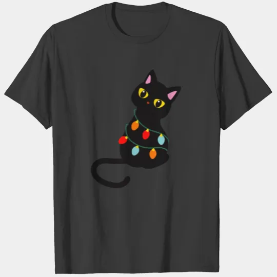 Black Cat christmas light tshirt funny cat lover T-shirt