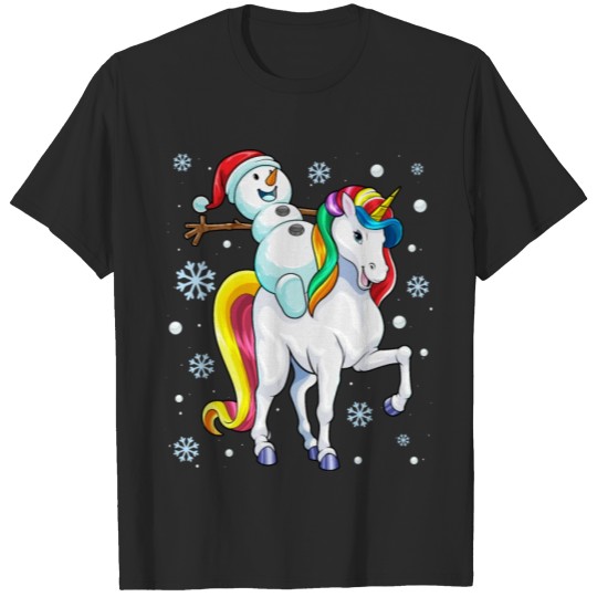 Discover Christmas Snowman Riding Unicorn Xmas Magical Rain T-shirt