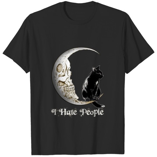 Discover Cat Black Cat Moon skull I Hate People T-shirt