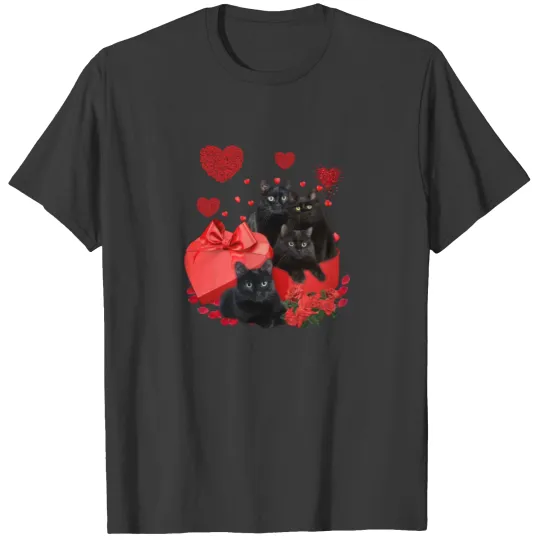 Cat Black Cat Valentine Gift Box Heart Flower Kitt T-shirt