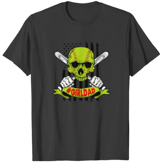 Girl Dad Softball Skull US Flag Fathers Day T-shirt