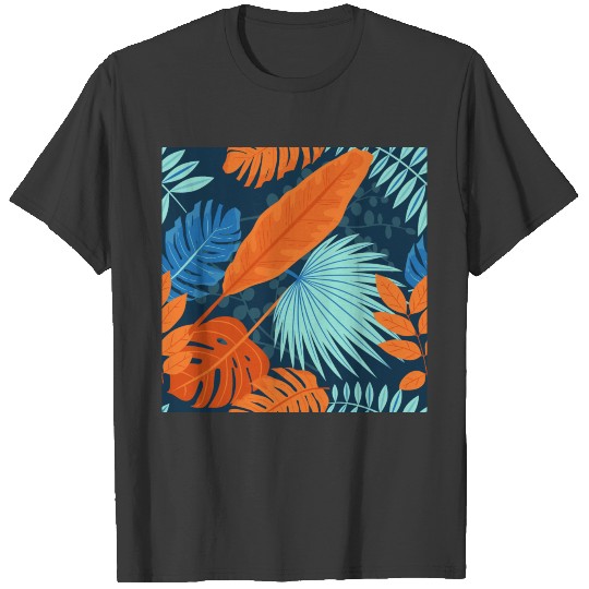 Navy Blue Gray Orange watercolor Flower Pattern T-shirt