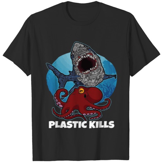 Discover Plastic Kills Garbage Shark Octopus Ocean Polution T-shirt