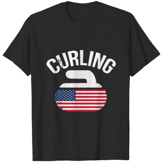 Discover USA Red White and Blue American Flag Curling Stone T-shirt