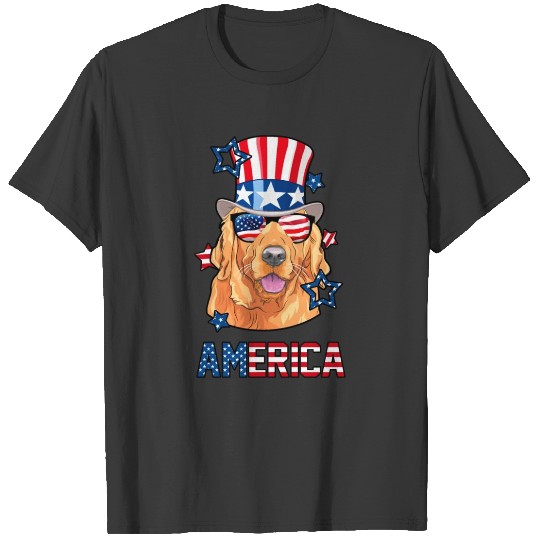 Discover Golden Retriever Dog American Flag Hat Glasses 4th T-shirt