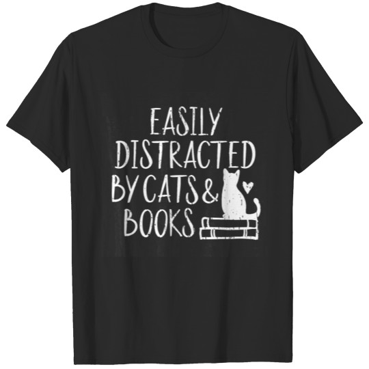 Discover Easily Distracted by White Cats and Books T-shirt