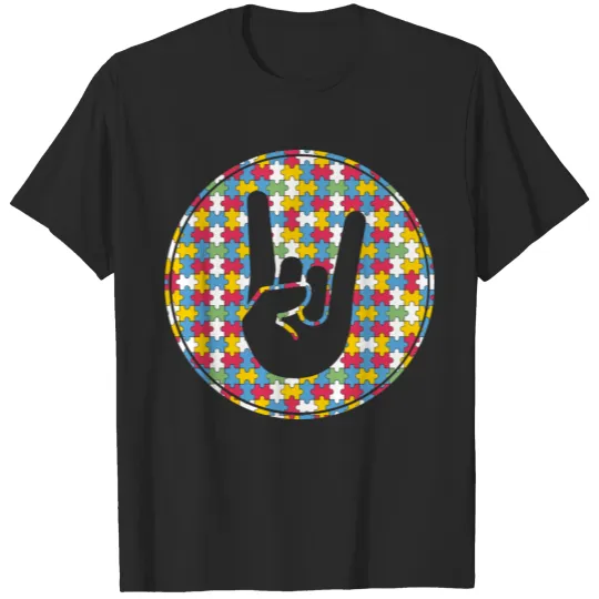 Discover Rock sign at Autism shield - Autism Awareness T-shirt