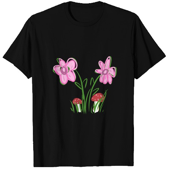 flowers icon flower pattern pink grass mushrooms T-shirt