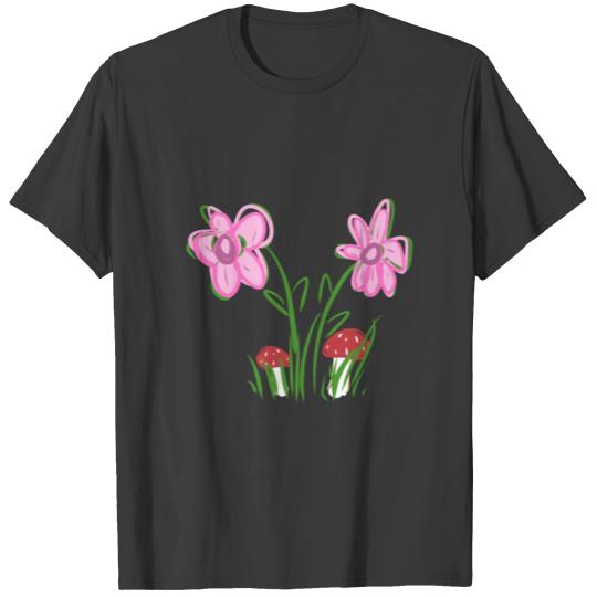 flowers icon flower pattern pink grass mushrooms T-shirt