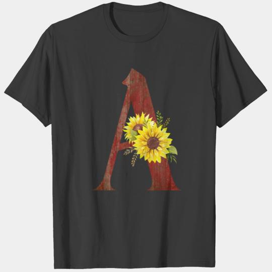 Red Barn Wood and Sunflowers Monogram Letter A T-shirt