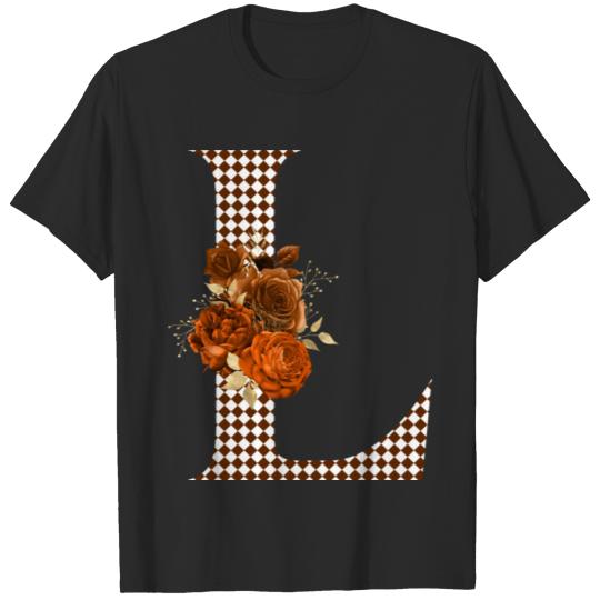 Discover Harlequin Brown Floral Monogram Letter L T-shirt