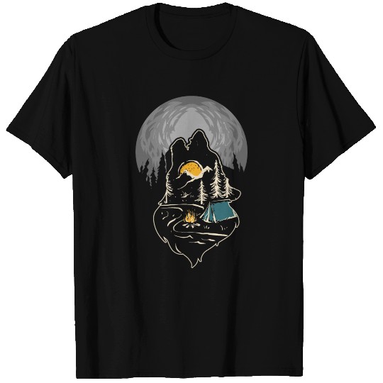 Nature Moon Hiking Camping Howling Wolf T-shirt
