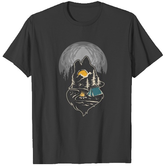 Nature Moon Hiking Camping Howling Wolf T-shirt