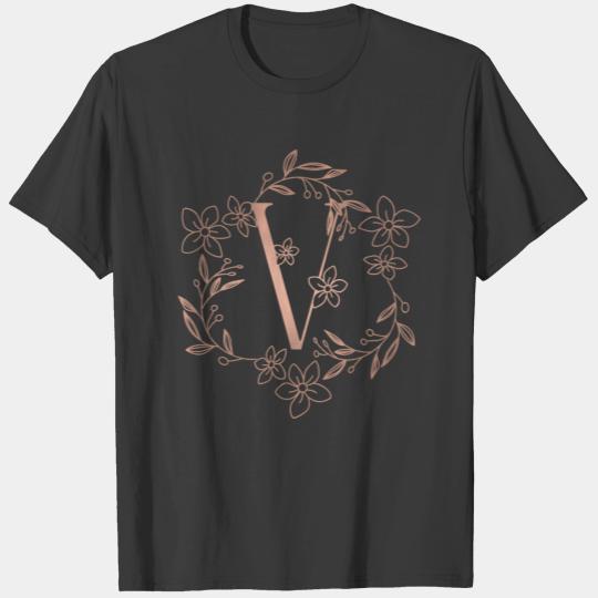 Cute Rose Gold Floral Monogram V T-shirt