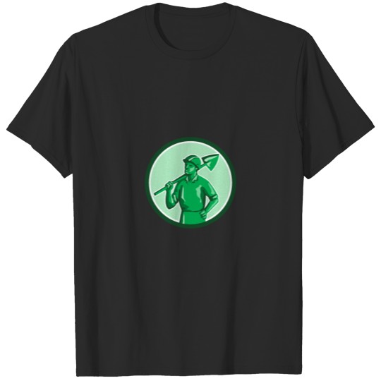 Green Miner Holding Shovel Circle Retro T-shirt