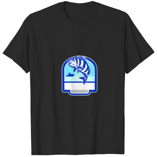 Discover Sheepshead Fish Jumping Fishing Boat Crest Retro T-shirt