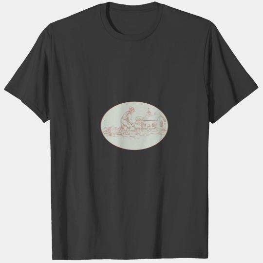 Medieval Grave Digger Shovel Oval Drawing T-shirt