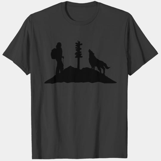 Hiking woman, wolf & mountain T-shirt