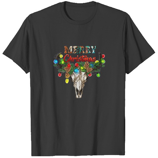 Western Boho Turquoise Cow Print Bull Skull Merry T-shirt