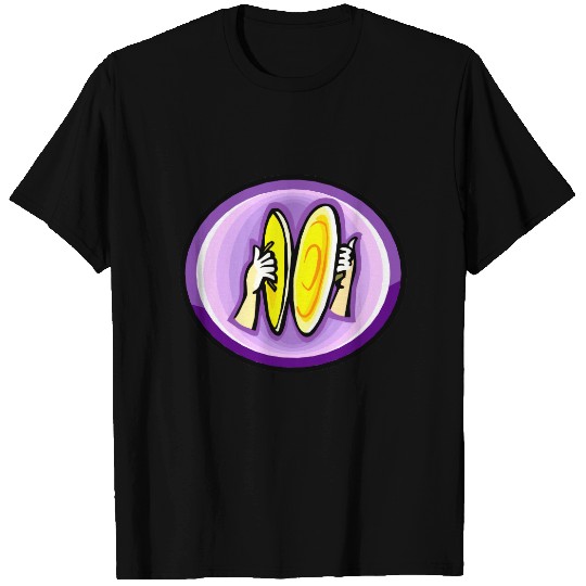 Two hands playing crash cymbals in purple circle T-shirt