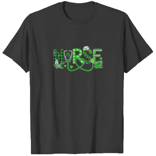 Nurse Irish Shamrock Stethoscope Plaid Leopard Pat T-shirt