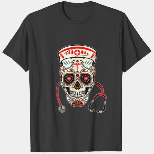 Nurse Sugar Skull Halloween Day Of The Dead T-shirt