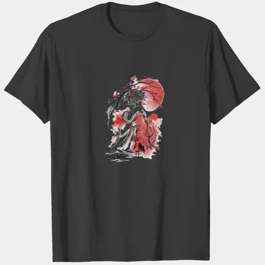 Japan Geisha Red Moon Cherry Peach Tree Blossom T-shirt