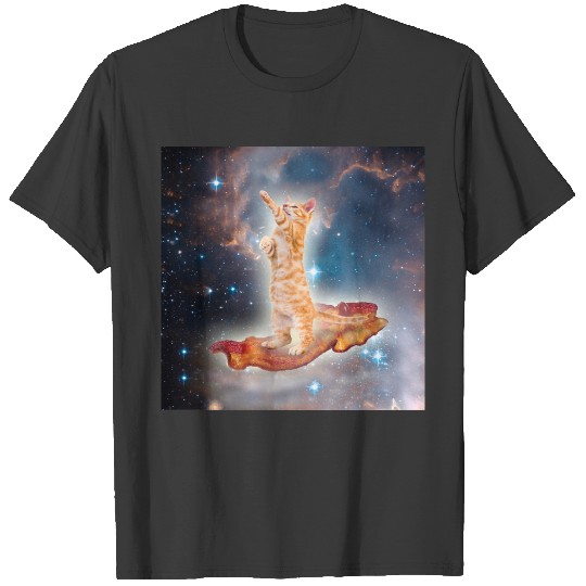 Space cat surfing on the bacon T-shirt