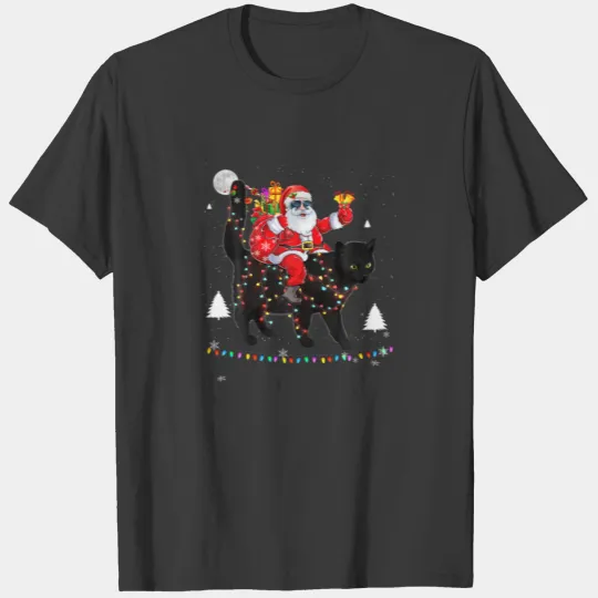 Christmas Santa Claus Riding Black Cat Lights Xmas T-shirt