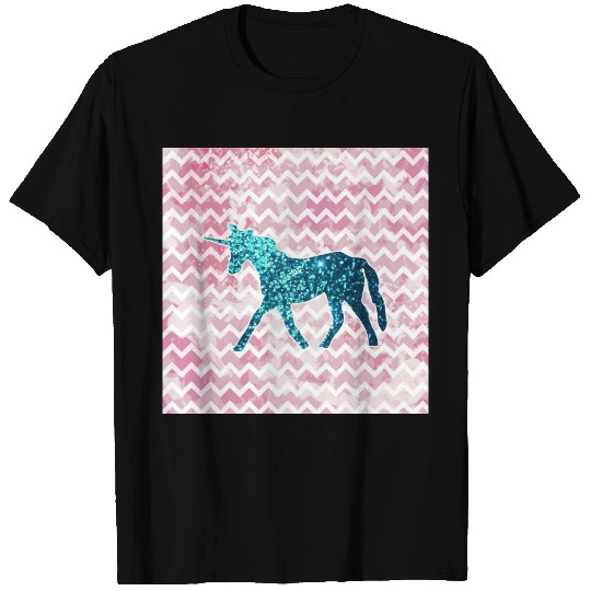 Pink Chevron, Blue Glitter Unicorn T-shirt