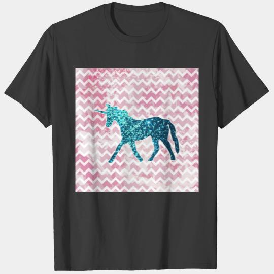 Pink Chevron, Blue Glitter Unicorn T-shirt