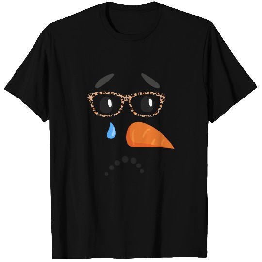 sad snowman carrot nose eyelashes leopard glasses T-shirt