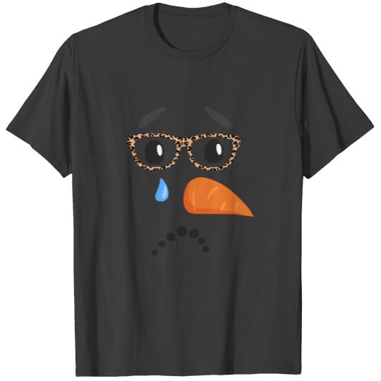 sad snowman carrot nose eyelashes leopard glasses T-shirt
